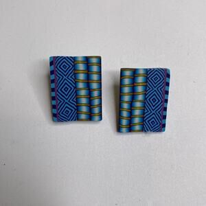 Women’s Rectangular Abstract Artsy Abstract Tribal Earrings EUC OS Blue Yellow